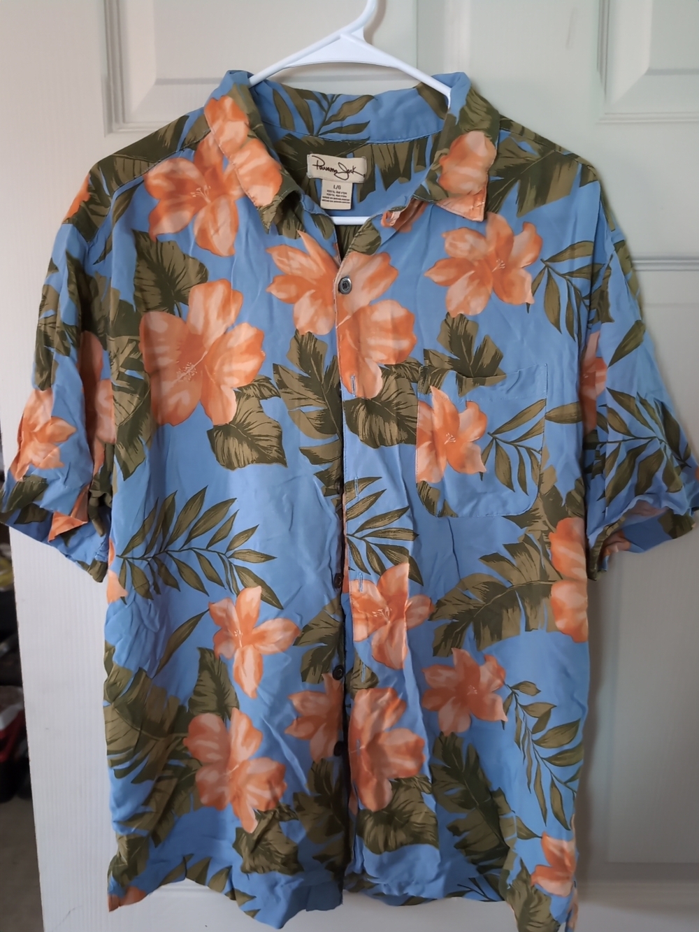 Panama Jack Light Blue Short-Sleeve Floral Button-Up Shirt with Orange Blooms